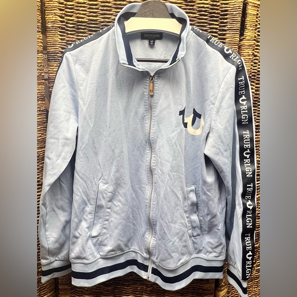 True Religion-Men's Light Blue Track Tape Jacket-‎ Small, Tooth missing zipper